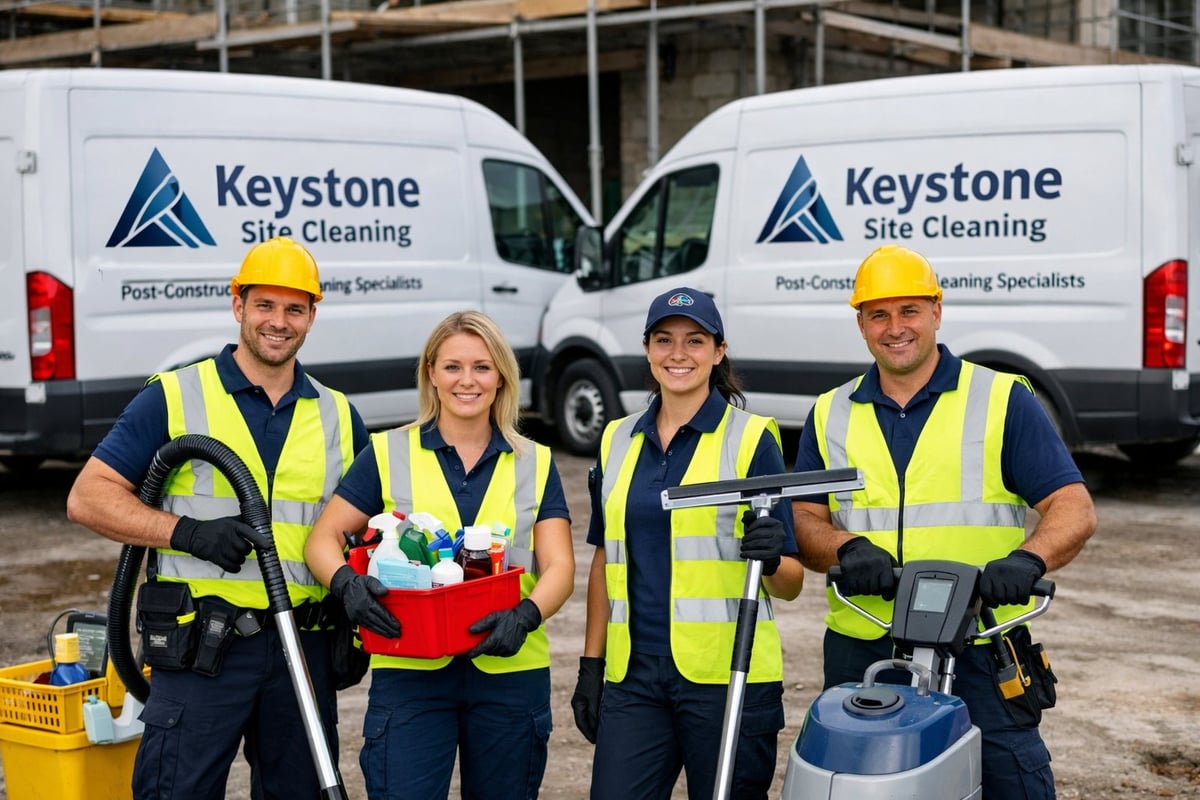 Four construction workers in safety vests holding cleaning equipment in front of Keystone Site Cleaning service vehicles