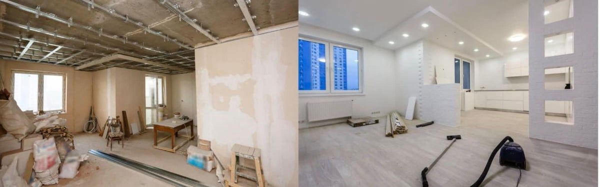 Before and after comparison of home renovation showing unfinished construction space transforming into finished white drywall interior